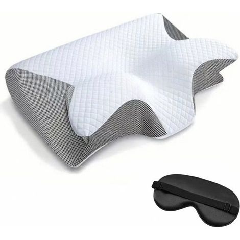 Oreiller cervical viscoélastique, oreiller orthopédique ergonomique 2 en 1 pour soulager les douleurs cervicales, oreiller de soutien profilé, 1 pièce, gris clair (avec masque pour les yeux)-AquaForge (1/5)