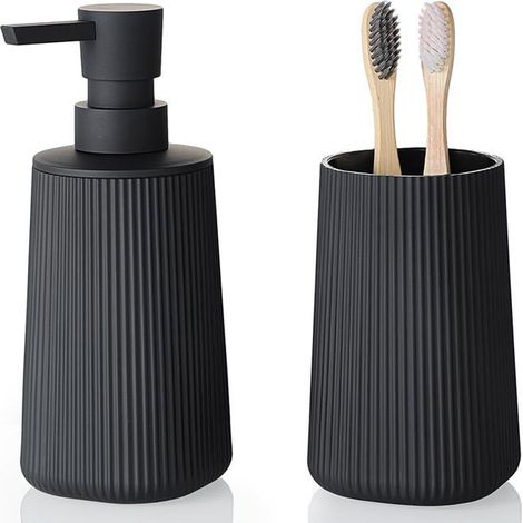 Ensemble 2 pièces salle de bain : distributeur de savon et porte-brosse à dents, rayé noir. (1/5)