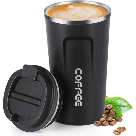 (Noir, 380 ml) Mug isotherme sous vide, acier inoxydable, étanche, garde les boissons chaudes ou froides pendant 6 heures, sans BPA. (1/5)