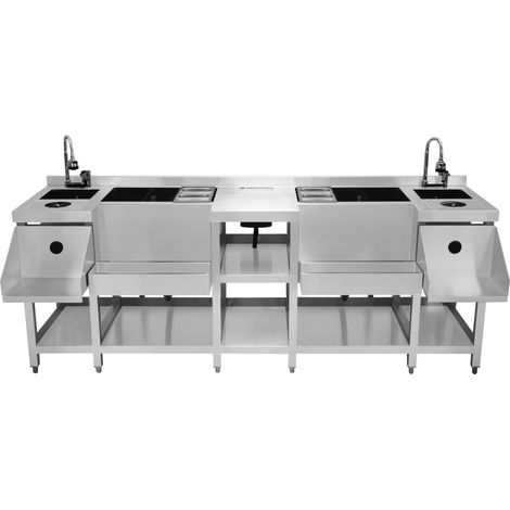 Station Double Compacte pour Bar à Cocktails en Inox Bac à Glace Isolé Évier Robinet de Mitigeur 360° Rafraîchisseur de Verres Étagère Mixeur Speed Rail Bacs Gastros CHRD HORECA [Shaker Boston INCLUS]