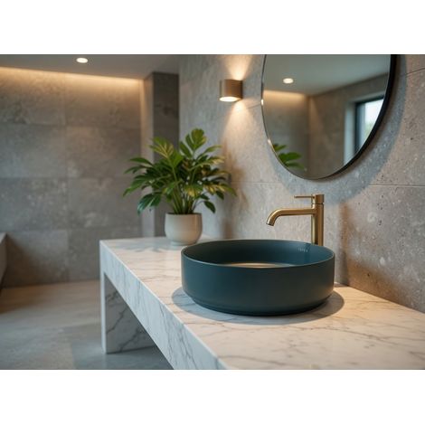 Lavabo tondo da appoggio senza troppo pieno in ceramica senza foro rubinetto - Verde Petrolio Opaco