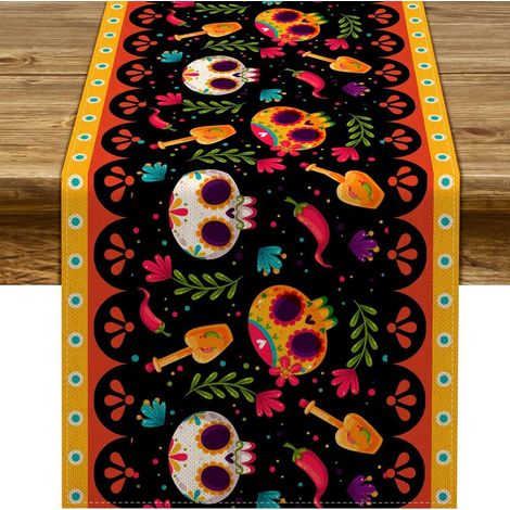 Chemin de table mexicain pour la Fête des Morts, imprimé floral et crânes, décoration d'Halloween pour salon et meuble TV - 30 x 180 cm (polyester) - WSJZQ-17