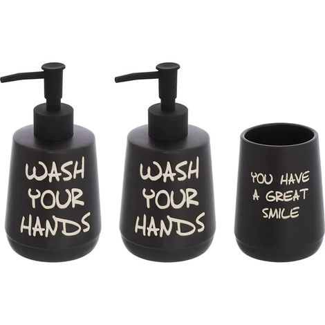 Set accessori linea Wash con 2 Dispenser portaspazzolini nero con scritte (1/4)