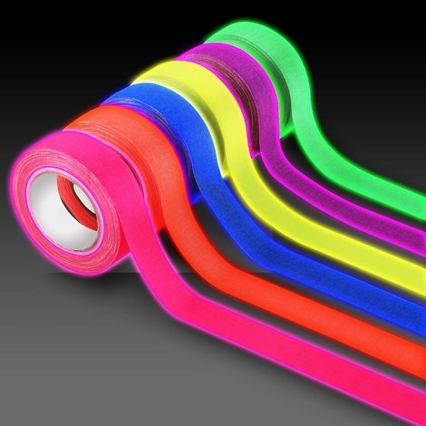 6 rotoli di nastro reattivo alla luce UV, nastro neon autoadesivo, nastri fluorescenti, colori luminosi per palchi da festa. (1/5)