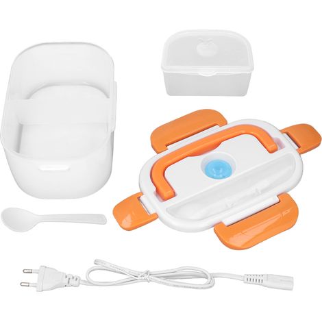 Boîte repas électrique portable orange 100-240V prise UE, mini multifonction chauffante à compartiments, pour maison et voyage.