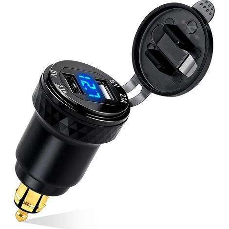 Chargeur Prise Allume Cigare USB Rapide with LED Voltmeter, Waterproof Chargeur de Voiture Dual QC 3.0 USB Din Socket Adaptateur pour Motos 12V/24V Motorcycles (1/5)