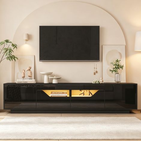 Meuble TV 180×40×45 cm noir, finition laquée brillante avec éclairage LED, 2 tiroirs, 2 placards, pour téléviseur jusqu'à 75 pouces (1/5)