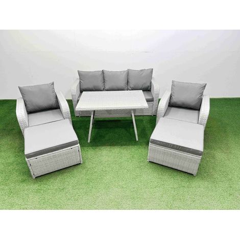 Fimous Reclining Chair 3 Seat Sofa Set Garden Furniture Set with Rectangular Dining Table 2 Big Footstools Light Grey (1/4)