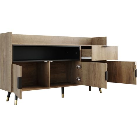 Buffet moderne minimaliste – étagères ouvertes, tiroirs pratiques, portes battantes des deux côtés. Avec glissières silencieuses et cadre en bois robuste – adapté au salon, à la salle à manger et au b