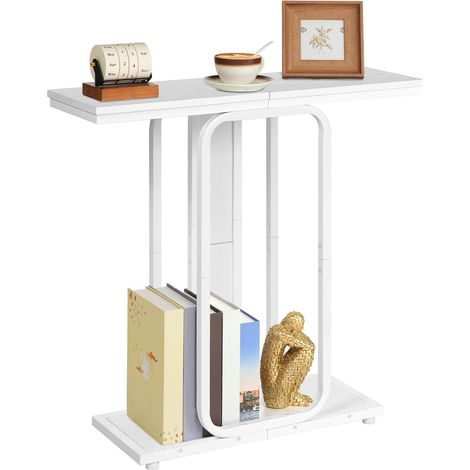Table d’Entrée de Style Industriel avec Rangement, Présentoir à Structure Géométrique à 2 Niveaux, pour Entrée, Hall, Salon, Chambre, Salle à Manger, Couloir, Blanc (1/5)