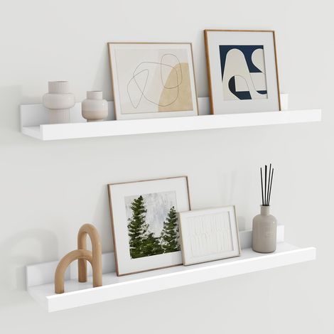 Lot de 2 étagères murales en bois - 60 cm - Blanc - Pour cadres photo et livres - Étagère flottante en bois MDF - Pour cuisine, salon, chambre à coucher et bureau (1/5)