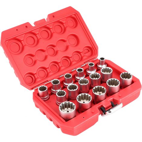 Jeu de 16 douilles cannelées 1/2 po SAE/métriques, finition nickel miroir, 12 pans universel (1/5)