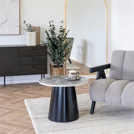 Petite table basse ronde décor marbre gris et métal noir TORANO (1/4)