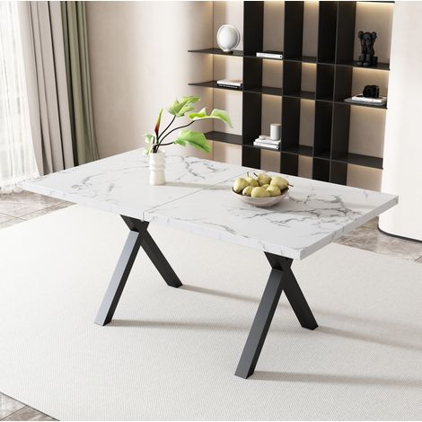 Table de salle à manger rectangulaire 140x80x76 cm blanc marbre en MDF et métal avec pieds croisés (1/5)