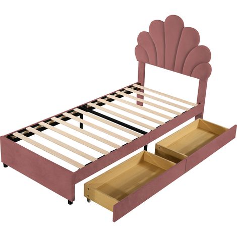Gepolstertes Kinderbett 90 x 200 cm aus rosa Samt, florales Kopfteil, 2 Schubladen, MODENUIT (1/5)