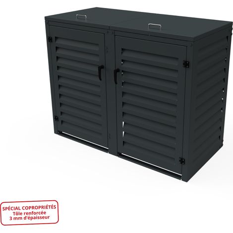 Cache Poubelle Double en Aluminium thermolaqué Spécial Copropriété (3mm) - 2x360 Litres - Gris anthracite (1/5)