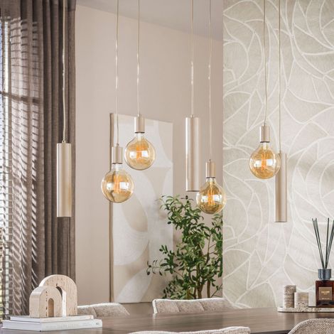 Suspension 4 ampoules verre + 3 cylindres métal ambré et beige - BRAGE (1/5)