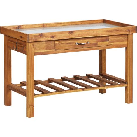 Vidaxl – Table de jardin en acacia massif avec plan de travail en zinc – Banc de rempotage avec étagère de rangement – Pour usage extérieur professionnel (1/5)