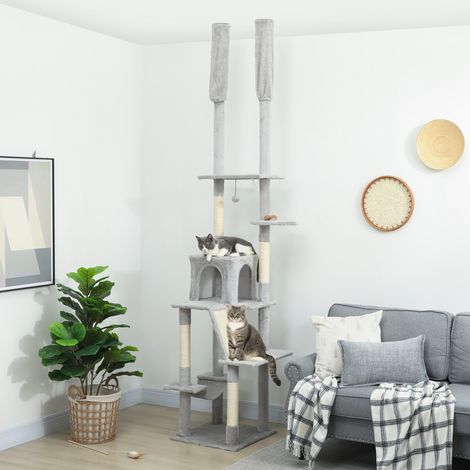 Albero Tiragraffi a Soffitto con Altezza Regolabile 225-255 cm con Casetta e Amaca, Grigio Chiaro (1/5)