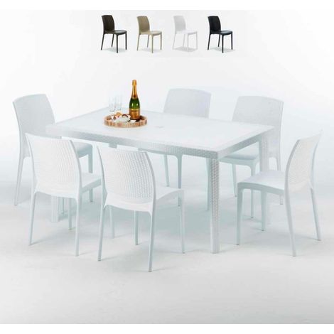 Table Rectangulaire Blanche 150x90cm Avec 6 Chaises Colorées Grand Soleil Set Extérieur Bar Café Boheme SummerLIFE - Blanc (1/5)