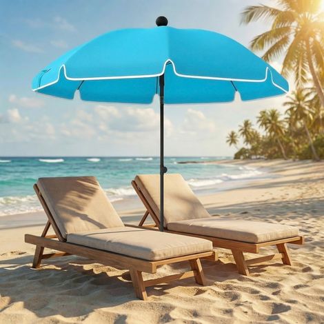 Parasol de plage pliable 150 cm, déperlant avec ancrage sable, inclinaison réglable et sac transport – bleu (1/4)