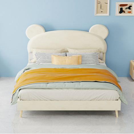 Bett für Kinder modern gepolstert 140x200 cm mit Kopfteil in Plüschoptik mit Bärenohren, Metallgestell, beige, inkl. Taschenfederkernmatratze (1/5)