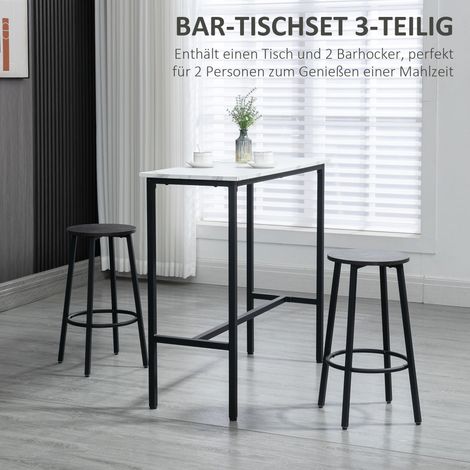 Ensemble bar 2 places, table avec 2 tabourets, plateau imitation marbre blanc, piètement en acier (1/4)