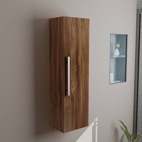 1200mm Walnut Wall Mounted Tall Bathroom Cupboard Storage Unit (1/5)
