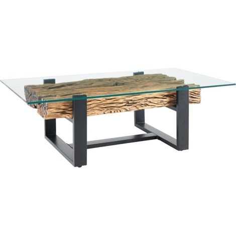 Table basse RAFTA 130 cm aus recyceltem Teakholz mit gehärtetem Glas – U-förmige schwarze Metallbeine