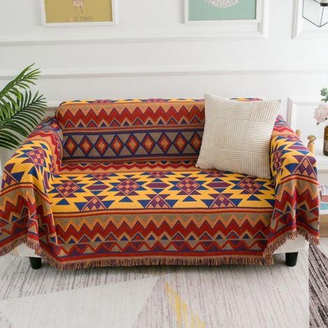 Couverture en coton tissé double face à pompons – motif géométrique bohème, style ethnique vintage – peut être utilisée comme couverture de canapé, couvre-lit, couverture de camping, tapisserie, nappe (1/4)