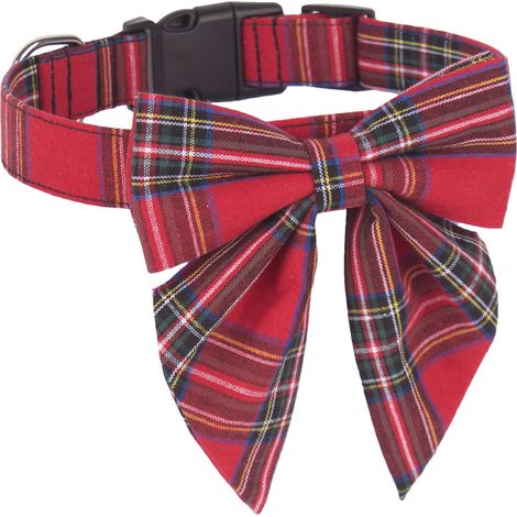 Collar navideño para perros con pajarita, collar navideño ajustable de algodón a cuadros rojos para perros grandes y mascotas. (1/5)