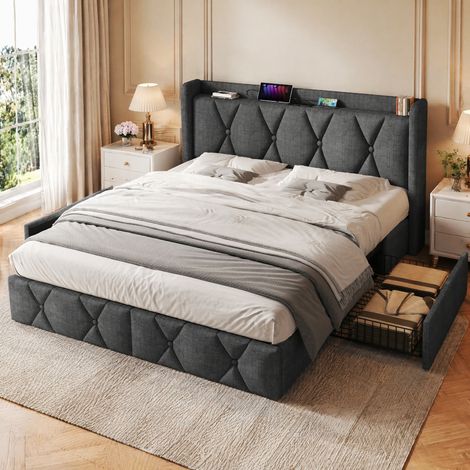 Bettgestell 140x200 cm Grau aus Leinen mit 4 Schubladen, USB-Anschlüssen und Matratze (1/5)
