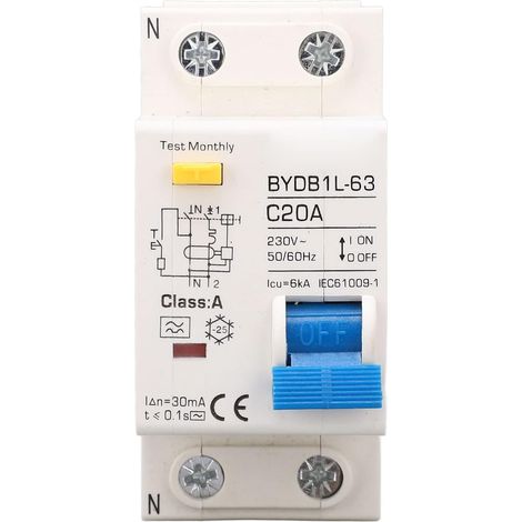 Disjoncteur Miniature 230V, A Type 30mA 20A 1P N Disjoncteur à Courant Résiduel, Protecteur de Fuite Protection Contre les Surcharges Commutateur D'air pour Lignes de Distribution D'éclairage (1/5)