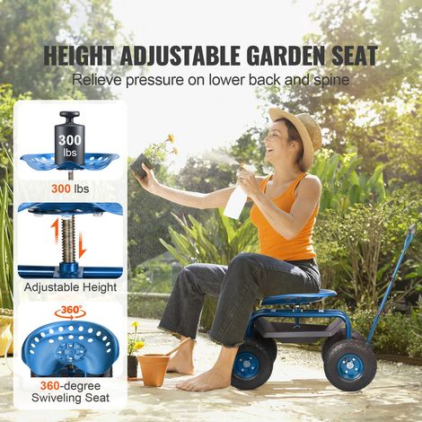 Chariot de jardin roulant avec assise pivotante 360°, tabouret horticulture, scooter à plateau, poignée directionnelle, bac outils, acier, bleu, terrasse cour extérieur (1/5)