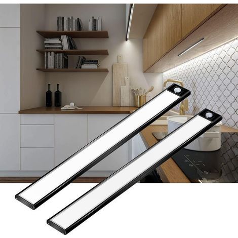 Éclairage LED sous meuble avec détecteur de mouvement, lot de 2 lampes LED 6000K (lumière blanche), lampes magnétiques ultra-minces pour placard, batterie rechargeable sans fil (1/5)