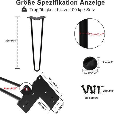 Wolketon Tischbeine 4er Set Hairpin Leg Haarnadelbeine Tischgestell Tisch Tischkufen Legs Esstisch Harpins Tischbein 2 Streben Schwarz - 35 cm (1/3)