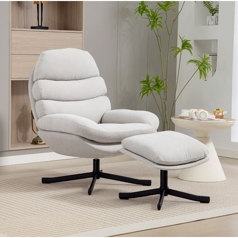 MEUBLIV Drehbarer Relaxsessel mit Fußhocker aus Chenille, Cremeweiß, 78x93x100 cm (1/5)