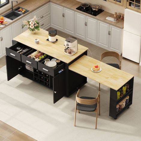 Îlot central de cuisine extensible Noir,Desserte Cuisine avec 3 tiroirs,plan de travail,prise avec USB,136(223)x50x93cm (1/5)