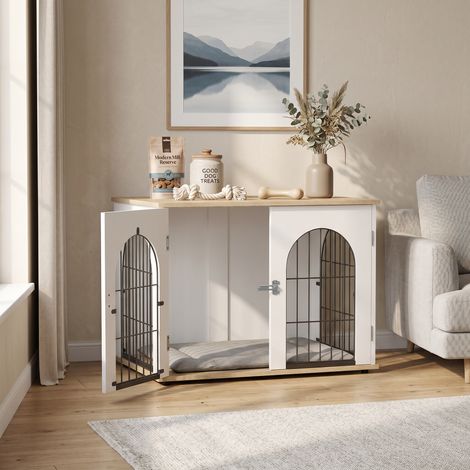 Cage pour Chien Meuble Cage Chien Intérieur Arche avec Double Porte comme Table d'Appoint en Métal 80x56x59cm Blanc (1/5)