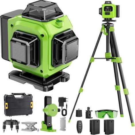 Niveau Laser Chantier Autonivelant 360° x 4, Lazer Niveaux 4D 16 Lignes Laser, Autonivellement et Mode Pulsé Extérieur, 2 x Batterie, Nivellement Automatique, Support Rotatif, Télécommande, Trepied