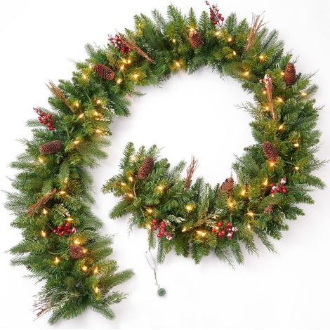 Guirlande de Noël pré-éclairée de 9 pieds, 50 lumières, à brancher, décoration de vacances, cheminée, escalier, manteau de porte, intérieur ou extérieur, vert (1/3)