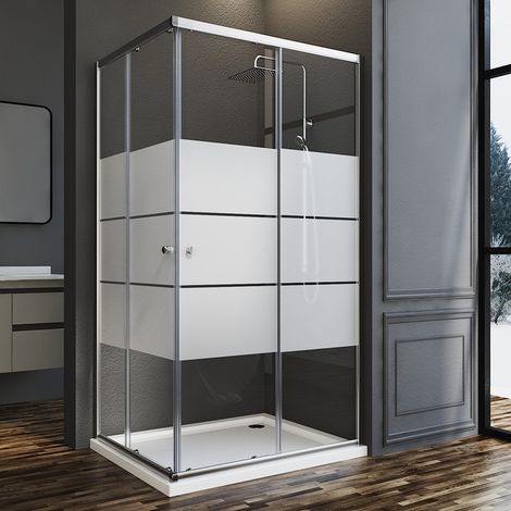 Duschkabine 100x100cm Eckeinstieg Schiebetüren Eckeinstieg Duschabtrennung Doppel Schiebetür, 6mm ESG Glas mit weißen Querstreifen-Dekor, Duschwand Höhe 185cm