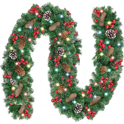Guirlande de Noël pré-éclairée avec lumières, Fleurs et Boules, Guirlande de Noël pour décoration d'intérieur, extérieur, intérieur, cheminée, escalier, Rouge (1/5)
