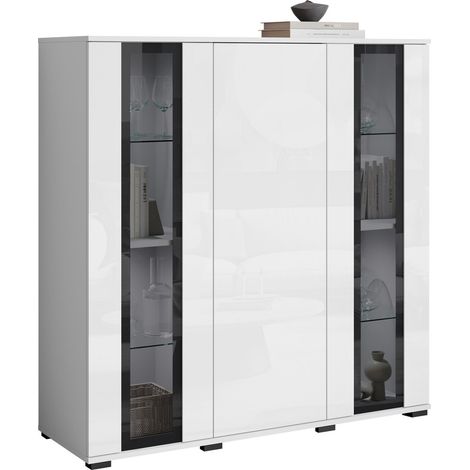 Aparador Torcame 100, Blanco + Blanco brillante, 122x120cm, Número de puertas: 040cm, Vidrio templado, Aglomerado laminado (1/5)
