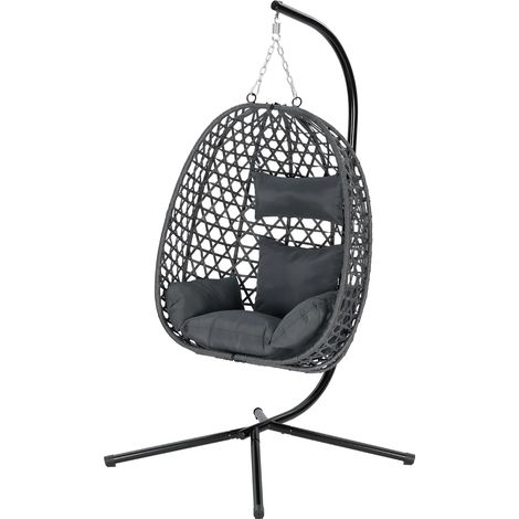 Chaise suspendue avec support, hauteur réglable, rotation 360°, résine tressée gris foncé, coussins déhoussables, sans perçage  CHICFURN (1/5)