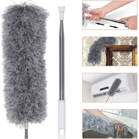 Plumeau télescopique 80-240 cm en microfibre, balai à poussière avec tête d'angle pliable, vadrouille époussette extra-longue, élimine aisément poussières et toiles d'araignée (1/5)