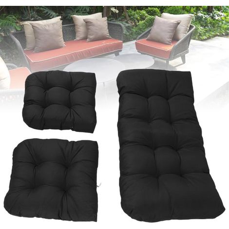 Coussins pour chaise en rotin 3 pièces, tissu polyester imperméable et anti-UV, rembourrage coton PP confortable, noir, set 1 banquette + 2 U (1/4)