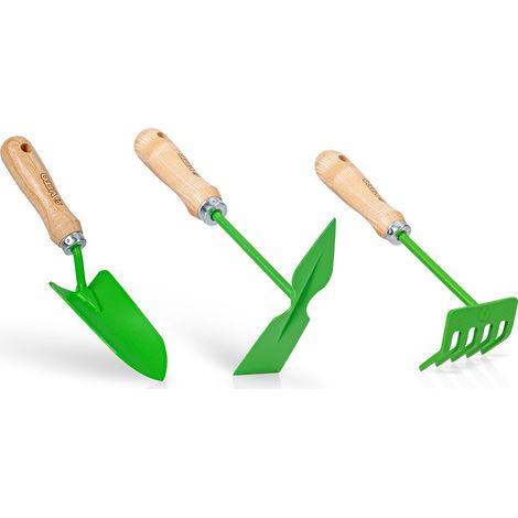 Kit 3 outils de jardin VITO Acier et manche bois de hêtre Transplantoir + Serfouette + Rateau 5 dents