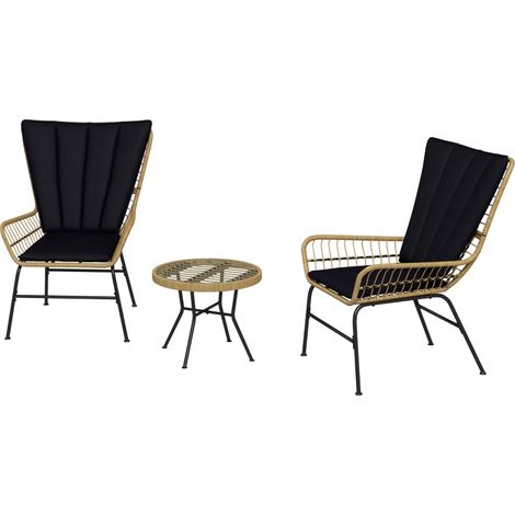 Lot de 3 table d’appoints, en verre et rotin, 3 pièces, pour maison et usage quotidien, plateau en verre trempé et coussins inclus