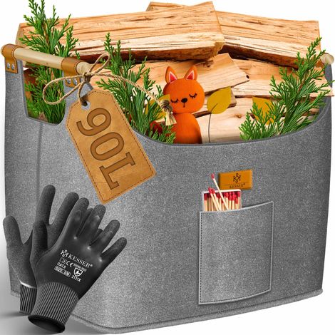 KESSER® Brennholzkorb  Kaminholztasche extra dicker Filz  Feuerholzkorb faltbar mit verstärkten Holzgriffen  für Holz, Zeitung oder Brennholz  Inkl. Arbeitshandschuhen / Grau - 60 Liter